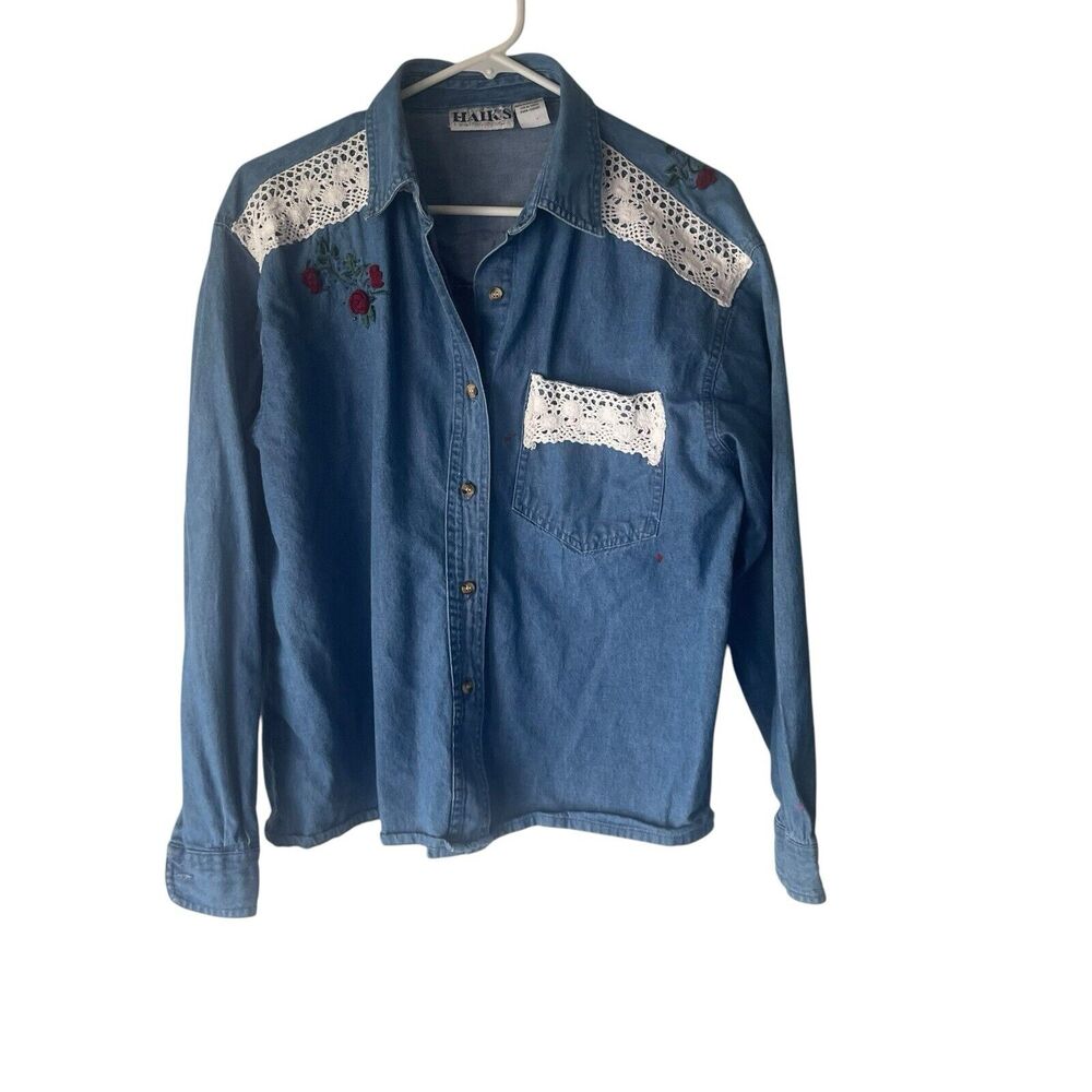 Haik's Vintage 90s Medium Denim Cottage‎ Lace Rose Floral Embrodered Button Up